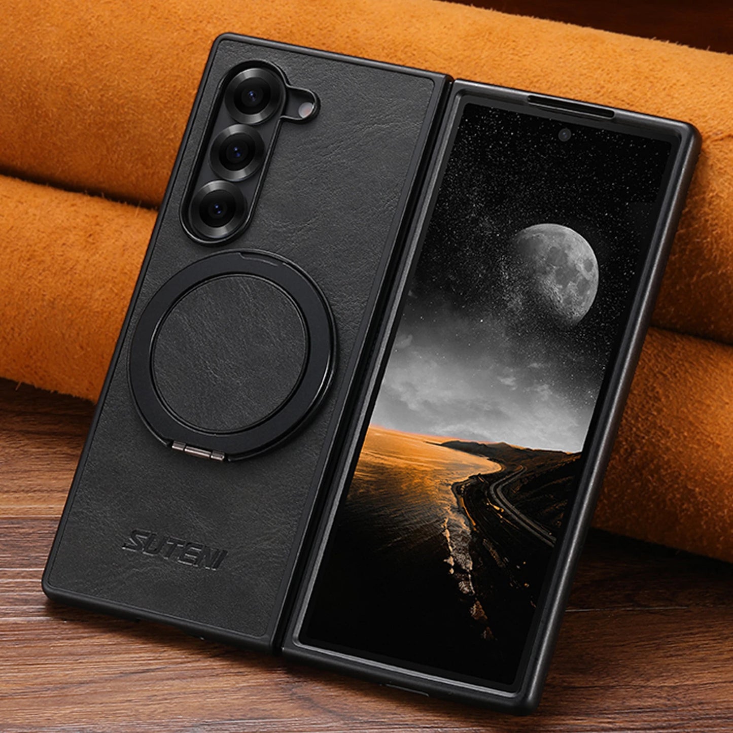 Magnetic Leather Ring Case with Stand